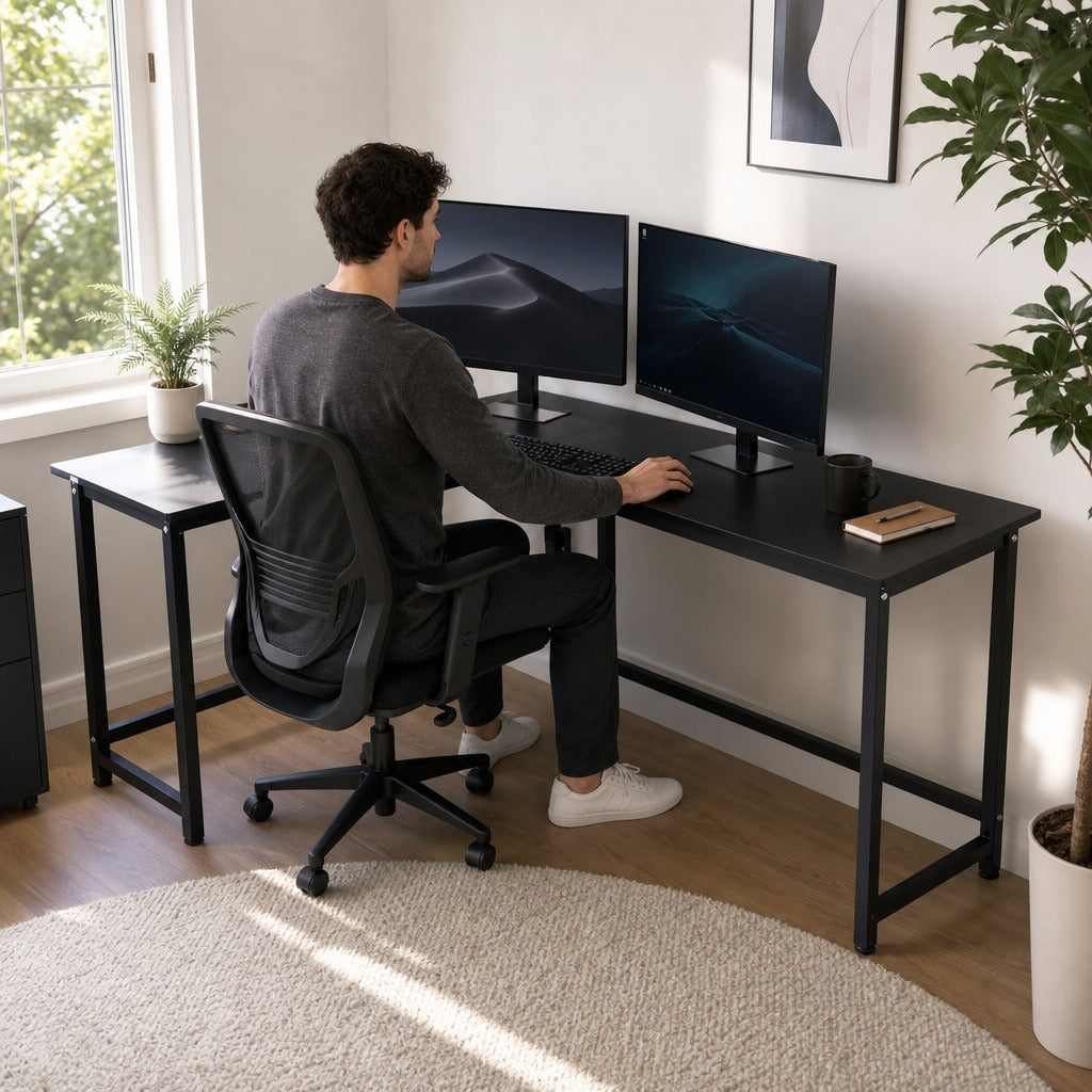 Secretária de Canto Mesa de Computador em Forma de L com Estrutura de Aço 168x120x75cm Preto — Em utilização | In use