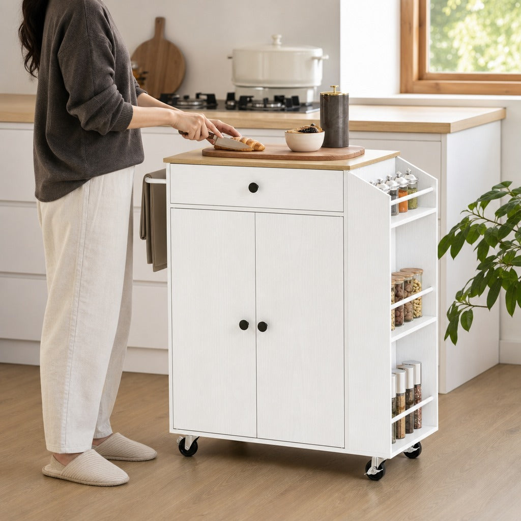 Ilha de Cozinha com Rodas Carrinho de Cozinha Móvel Auxiliar de Cozinha com 2 Portas Gaveta Suporte para Temperos de 3 Níveis e Prateleira Ajustável 82x38x86,5 cm Branco — Em utilização | In use