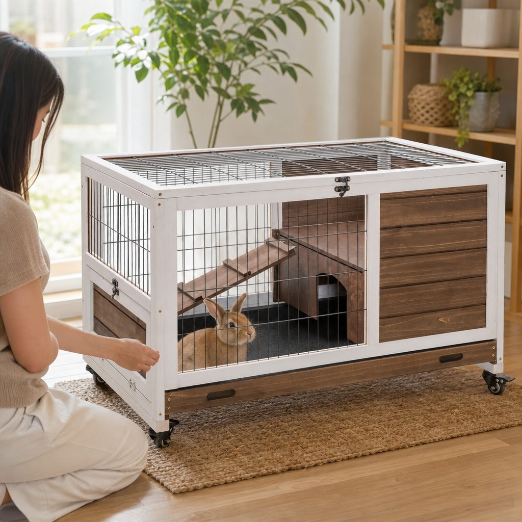 Coelheira de Madeira Gaiola de para Pequenos Animais Portátil com Teto Abatível Rampa Bandeja Removível para Coelhos da Índia 90x53x59cm Marrom — Em utilização | In use