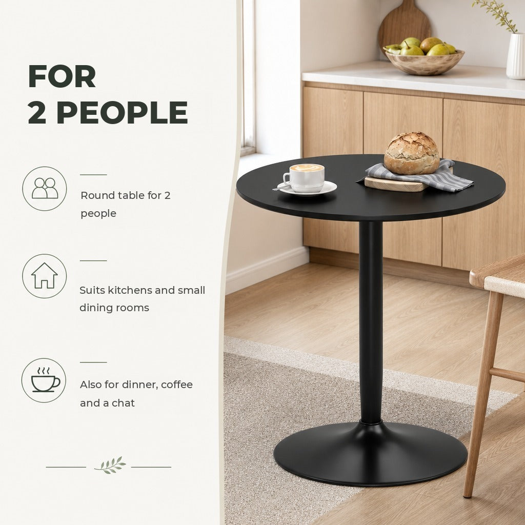 Mesa de Cozinha Redonda Mesa de Jantar Moderna para 2 Pessoas com Base de Aço e Almofadas Antiderrapantes Ø70x75 cm Preto — Características | Features