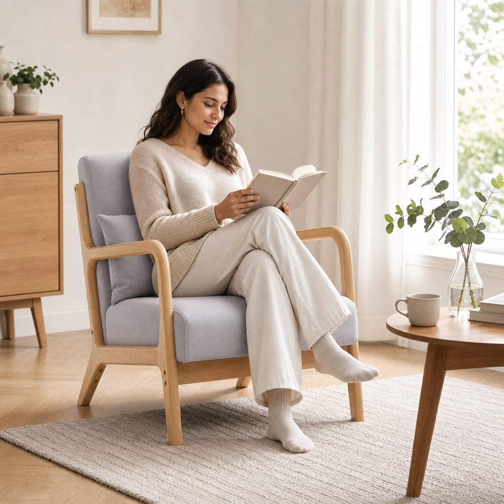 Poltrona Sala de Estar Nórdica Poltrona Individual Acolchoada com Apoio para os Braços e Estrutura de Madeira de Borracha para Dormitório Carga 120 kg 61x78x76 cm Cinza — Em utilização | In use