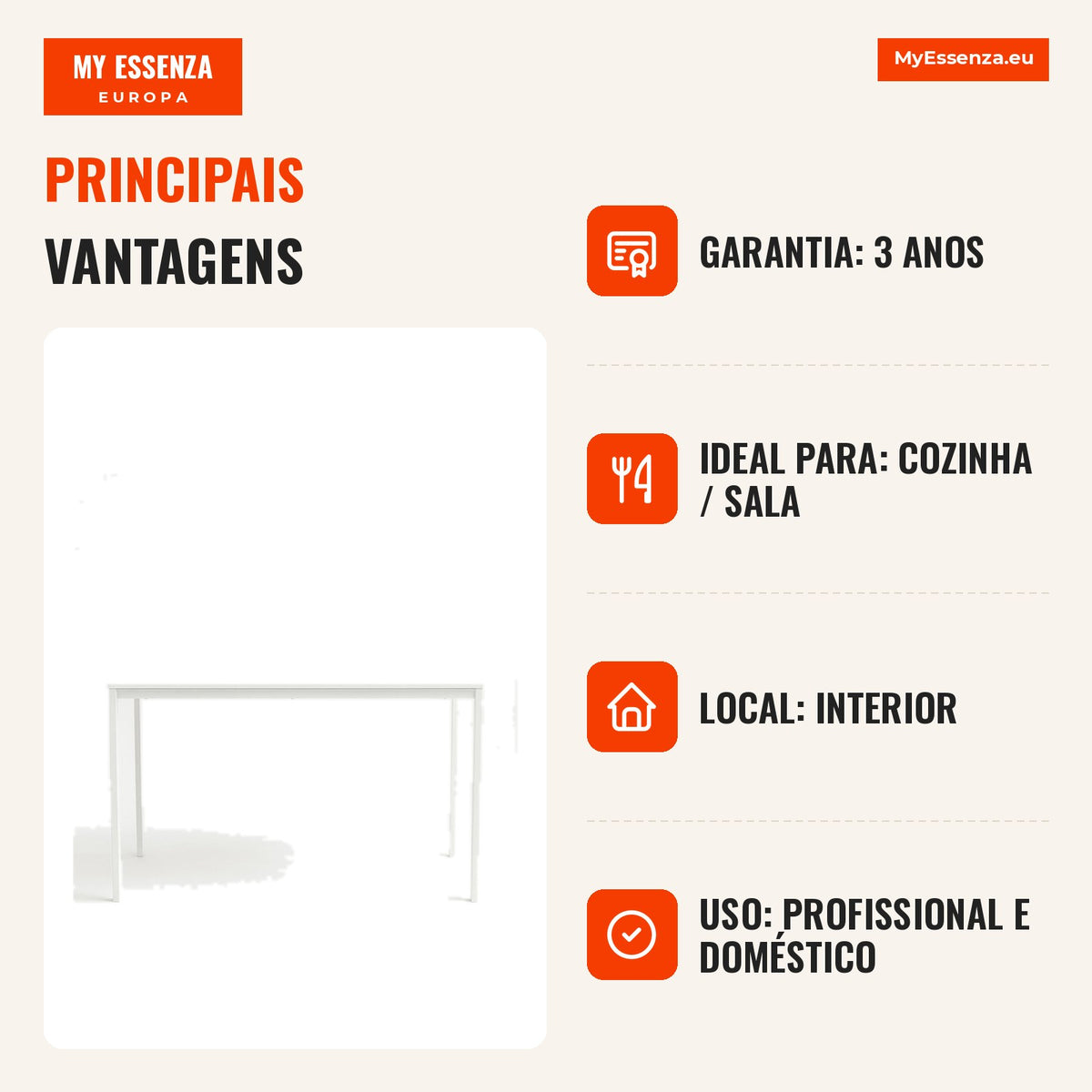 Mesa de jantar Nodi 140x75 cm — Branco — Infografia — vantagens