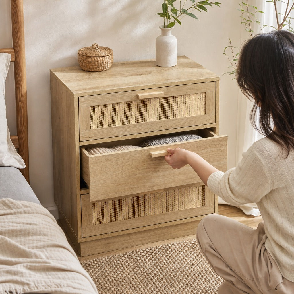 Cómoda com 3 Gavetas de Vime Cómoda de Madeira para Dormitório Sala de Estar Estilo Boêmio 60x38x69 cm Madeira — Em utilização | In use