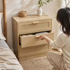 Cómoda com 3 Gavetas de Vime Cómoda de Madeira para Dormitório Sala de Estar Estilo Boêmio 60x38x69 cm Madeira — Em utilização | In use