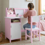 Conjunto de Mesa e Cadeira Infantil de Madeira com Quadro Branco Mesa de Estudo para Crianças acima de 5 Anos 90x45x85cm Rosa — Em utilização | In use
