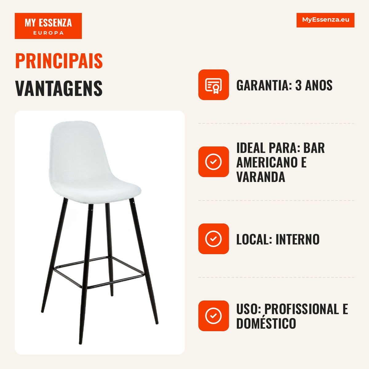 Banco Black Leo Tecido — Beige — Infografia — vantagens