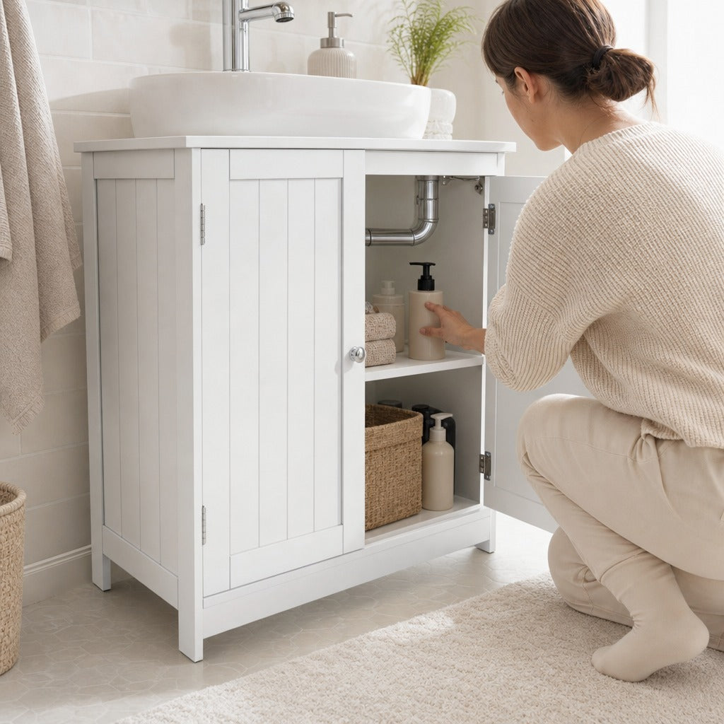 Móvel para Lavatório Pousar Armário Casa de Banho de Armazenamento com 2 Portas e Prateleira Interior Ajustável Moderno 60x30x60 cm Branco — Em utilização | In use