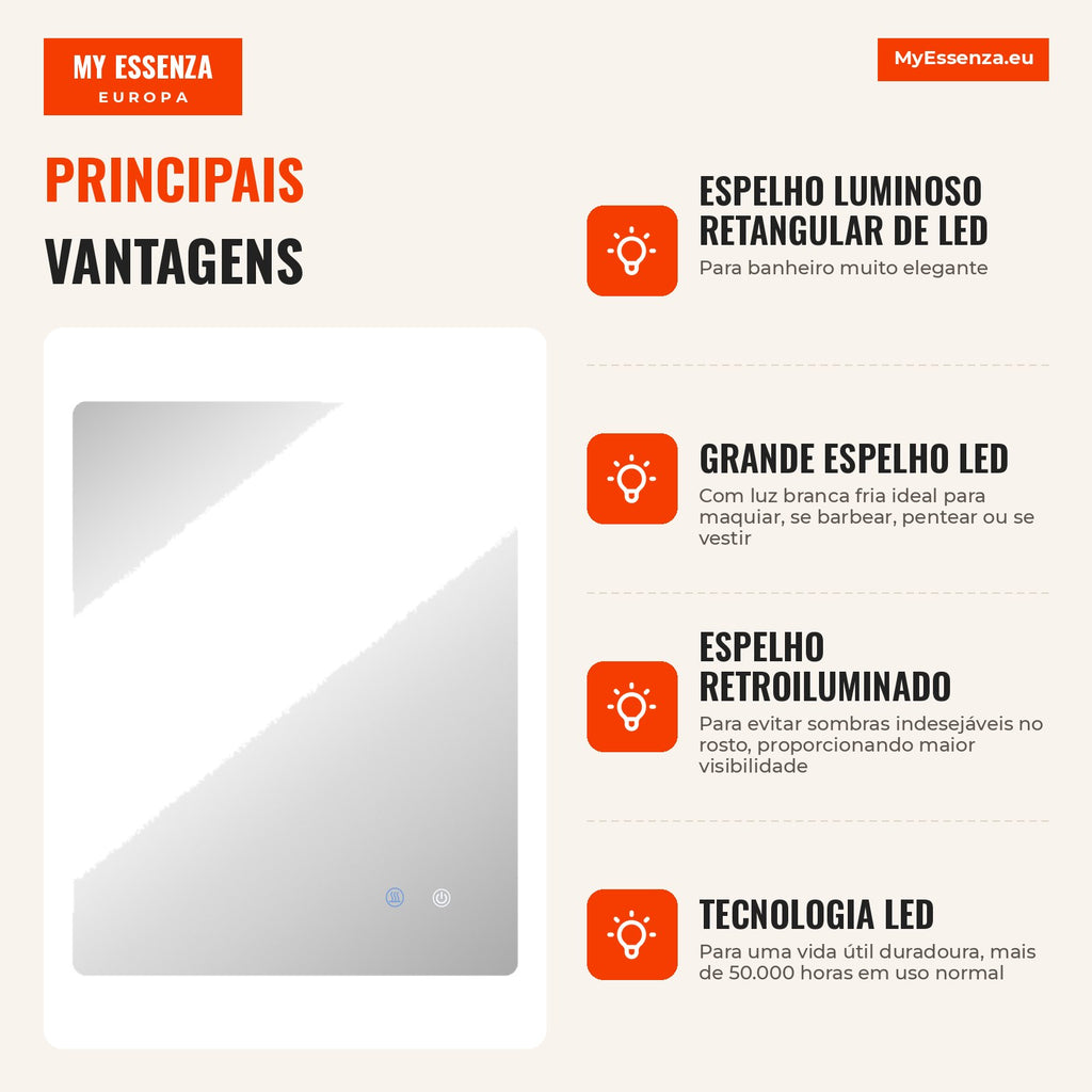 Espelho Retangular Iluminado de LED para Banheiro 80x60 cm Branco Transparente — infografia 2