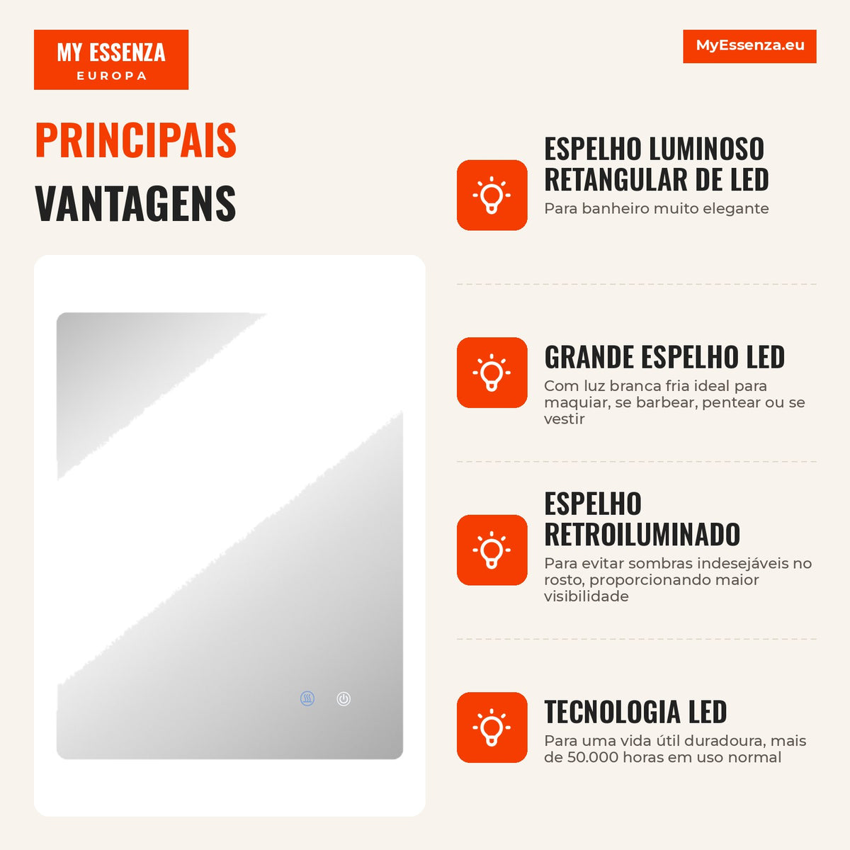Espelho Retangular Iluminado de LED para Banheiro 80x60 cm Branco Transparente — infografia 2