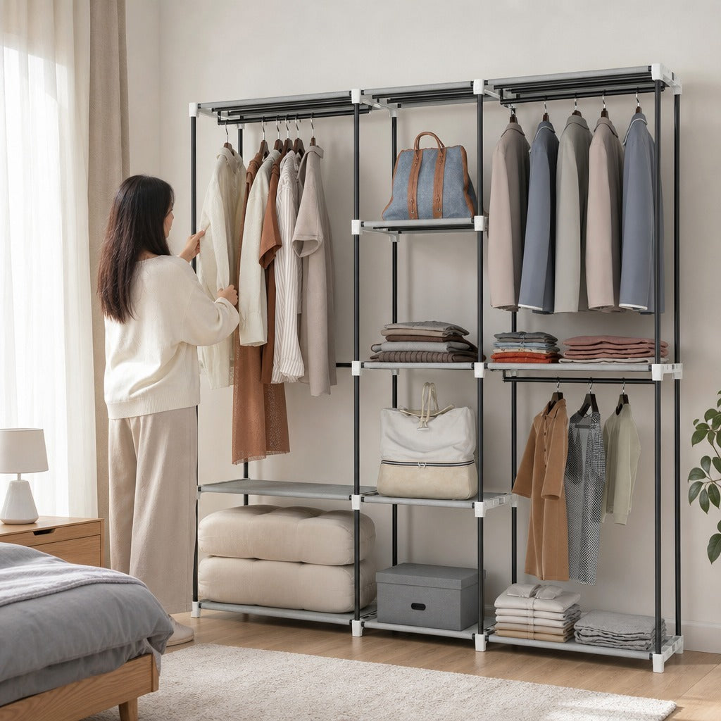 Armário para Roupas 182x43x185 cm Armário Aberto com 8 Prateleiras de Tecido Barras para Pendurar Estrutura de Metal para Quarto Sala Vestiário Cinzento Claro — Em utilização | In use
