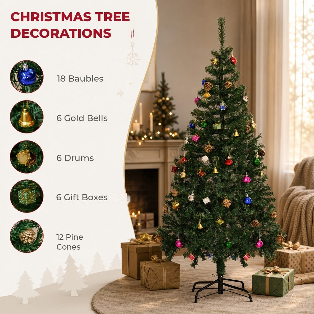 Árvore de Natal Artificial 150cm Ignífugo com 420 Ramos 48 Decorações Folhas de PVC e Suporte Metálico Decoração de Natal para Interior Verde — Características | Features