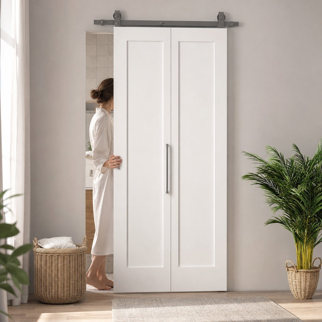 Porta de Correr com Acessórios Porta de Correr Dobrável com Acabamento Elegante Puxador Montagem Fácil para Casa de Banho Sala de Estar Cozinha 90x210 cm Branco — Em utilização | In use