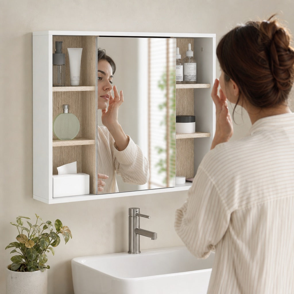 Armário de Espelho com Espaço Interno com Prateleiras Ajustáveis Armário de Banheiro com Prateleiras Abertas 60x14.5x49.4 cm Branco e Carvalho — Em utilização | In use