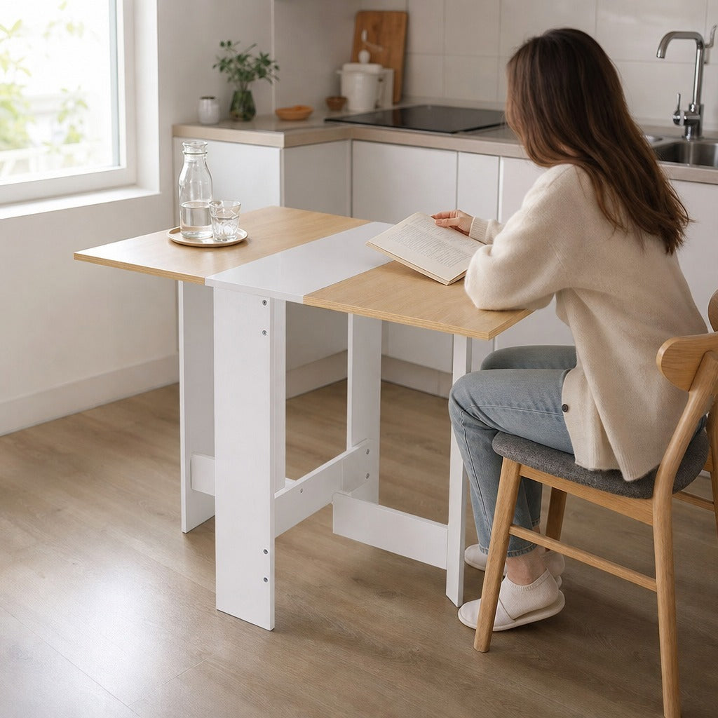 Mesa Sala de Jantar Dobrável Mesa Auxiliar de Cozinha com Laterais Dobráveis para Poupar Espaço Desenho Moderno 103x76x73,5 cm Madeira e Branco — Em utilização | In use