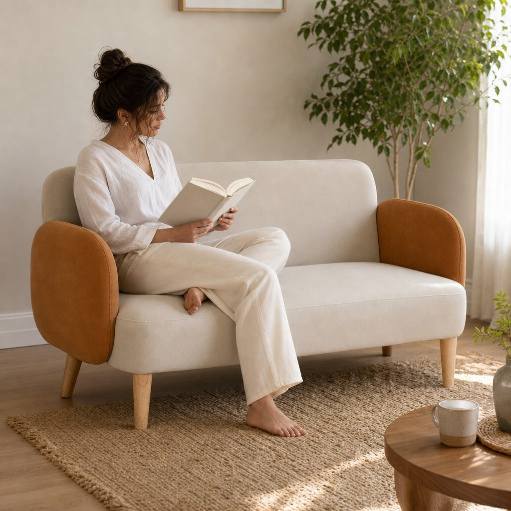Sofá de 2 Lugares Estofado em Veludo Sofá de Sala de Estar com Apoio para os Braços e Pés de Madeira Sofá Pequeno Carga 240 kg para Dormitório Escritório 130x74x76 cm Bege e Ocre — Em utilização | In use