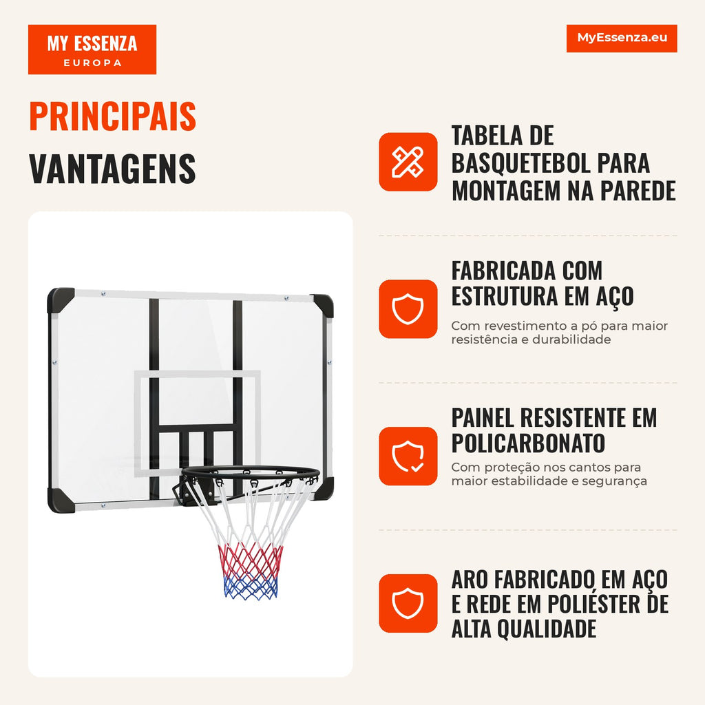 Tabela de Basquetebol de Parede com Aro, Rede e Estrutura em Aço para Exterior, 113x61x73 cm, Branco e Preto — infografia 2