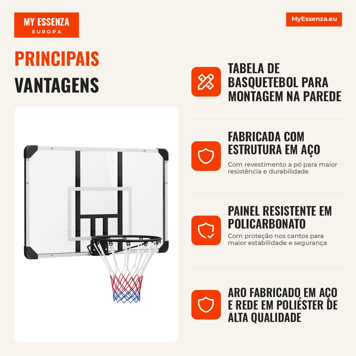 Tabela de Basquetebol de Parede com Aro, Rede e Estrutura em Aço para Exterior, 113x61x73 cm, Branco e Preto — infografia 2