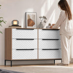 Cómoda com 6 Gavetas de Tecido Cómoda para Quarto Frentes com Padrão de Diamante Móvel de Arrumação para Sala de Estar Escritório Closet 117,5x30x73,5 cm Madeira e Branco — Em utilização | In use