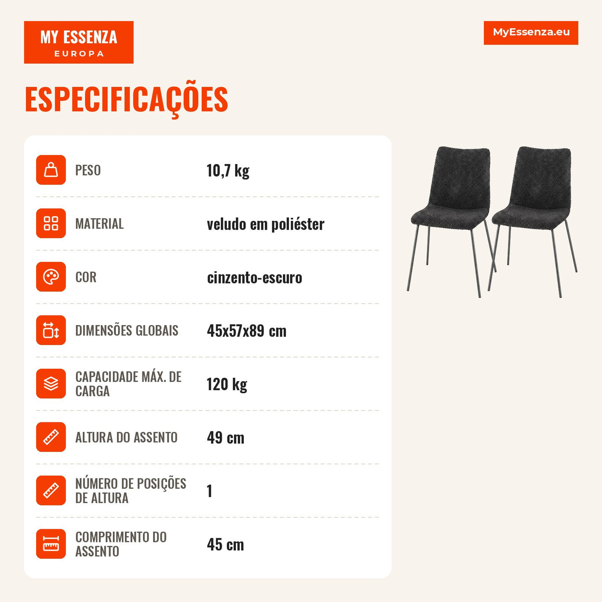 Pack de 2 Cadeiras de Jantar em Veludo com Assento e Encosto Acolchoados e Pernas Metálicas, Cinzento-Escuro — infografia 2
