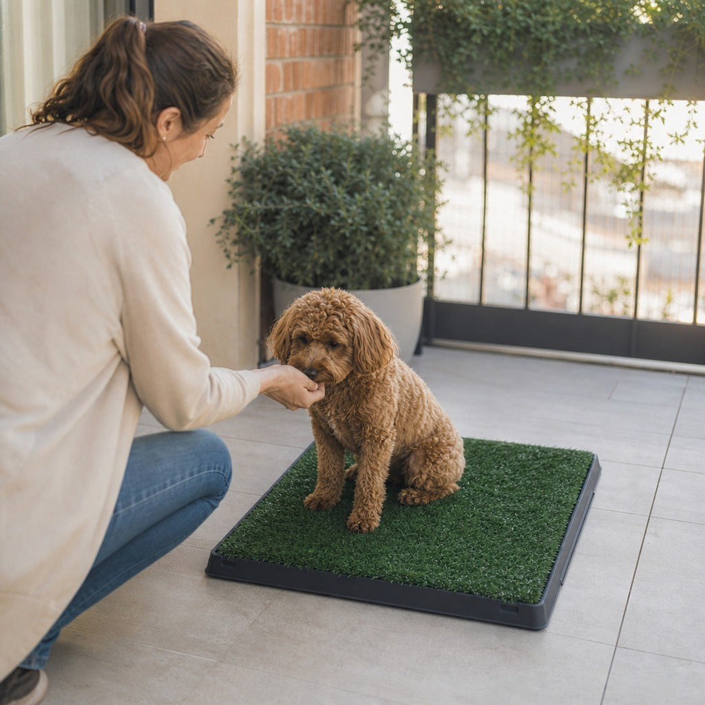 Sanita para Cães com Relva Artificial e Bandeja Sanita Interior para Animais de Estimação com Bandeja Lavável 51x63x6 cm Verde — Em utilização | In use