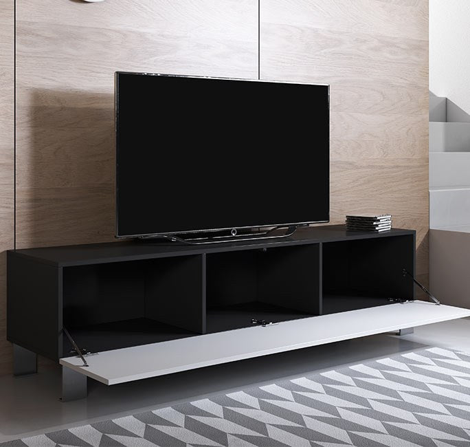 Móvel de TV com porta basculante e pés de alumínio preto e branco 160x40x42 cm — foto 3