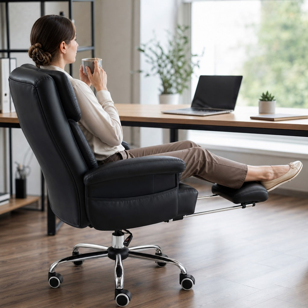 Cadeira de Massagem com 6 Pontos de Massagem Cadeira de Escritório com Apoio para os Pés Retrátil Altura Ajustável Controlo Remoto e Suporte Lombar Estofado em PU 69x65x107-115 cm — Em utilização | In use