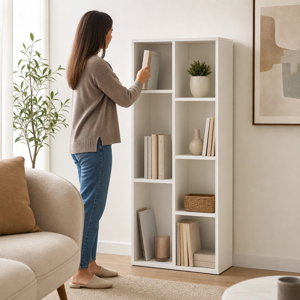 Estante para Livros Estante de Madeira com 7 Compartimentos de Armazenamento Plantas Arquivos para Sala de Estar Dormitório Escritório 50x24x106cm Branco — Em utilização | In use