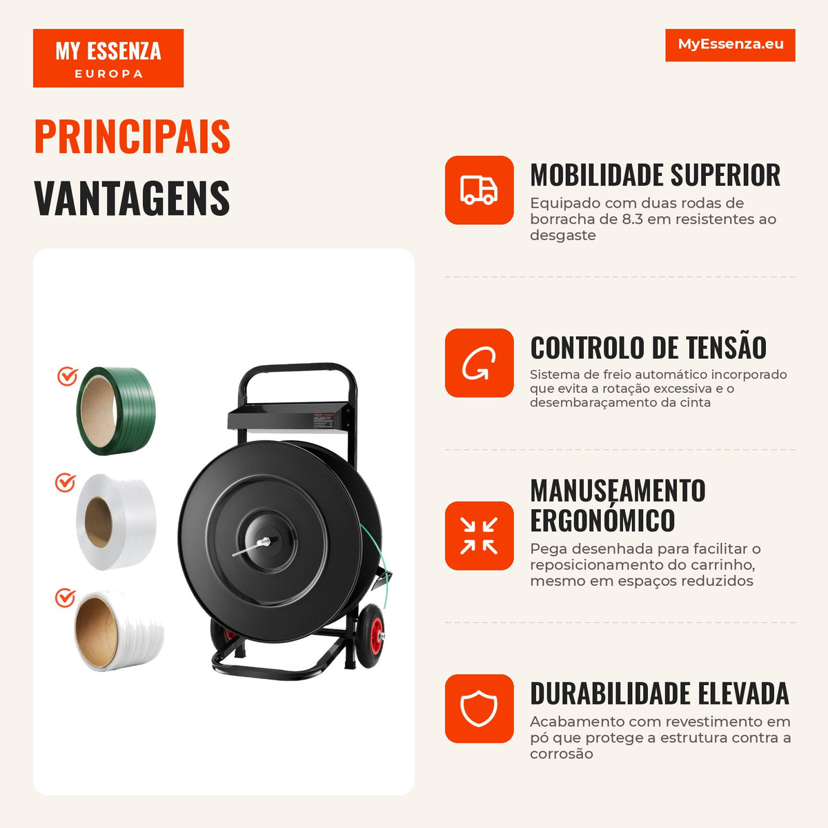 Carrinho distribuidor cintas 20,3/40,6 cm — Infografia — vantagens