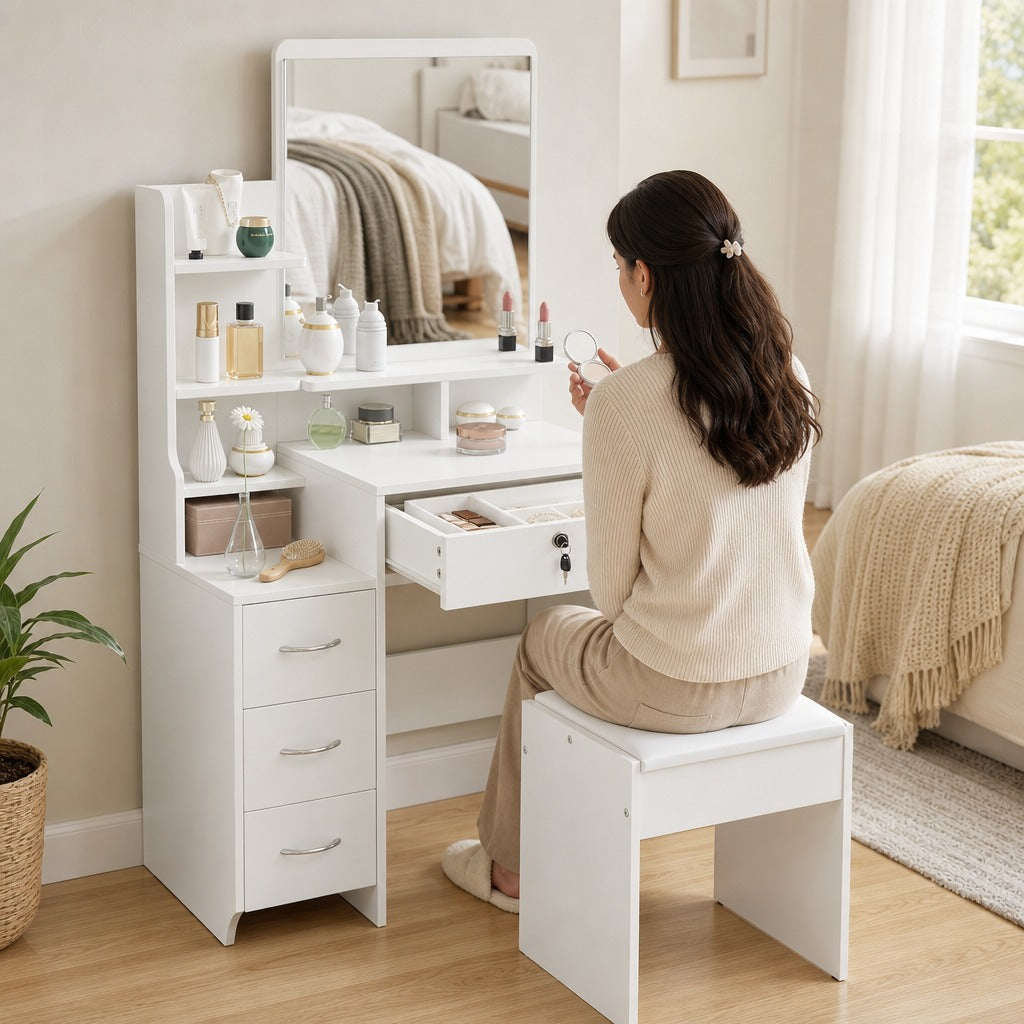 Toucador de Maquilhagem com Banco e Espelho Mesa de Maquilhagem com 4 Gavetas 4 Compartimentos de Armazenamento Estilo Moderno 80x38x143cm Branco — Em utilização | In use