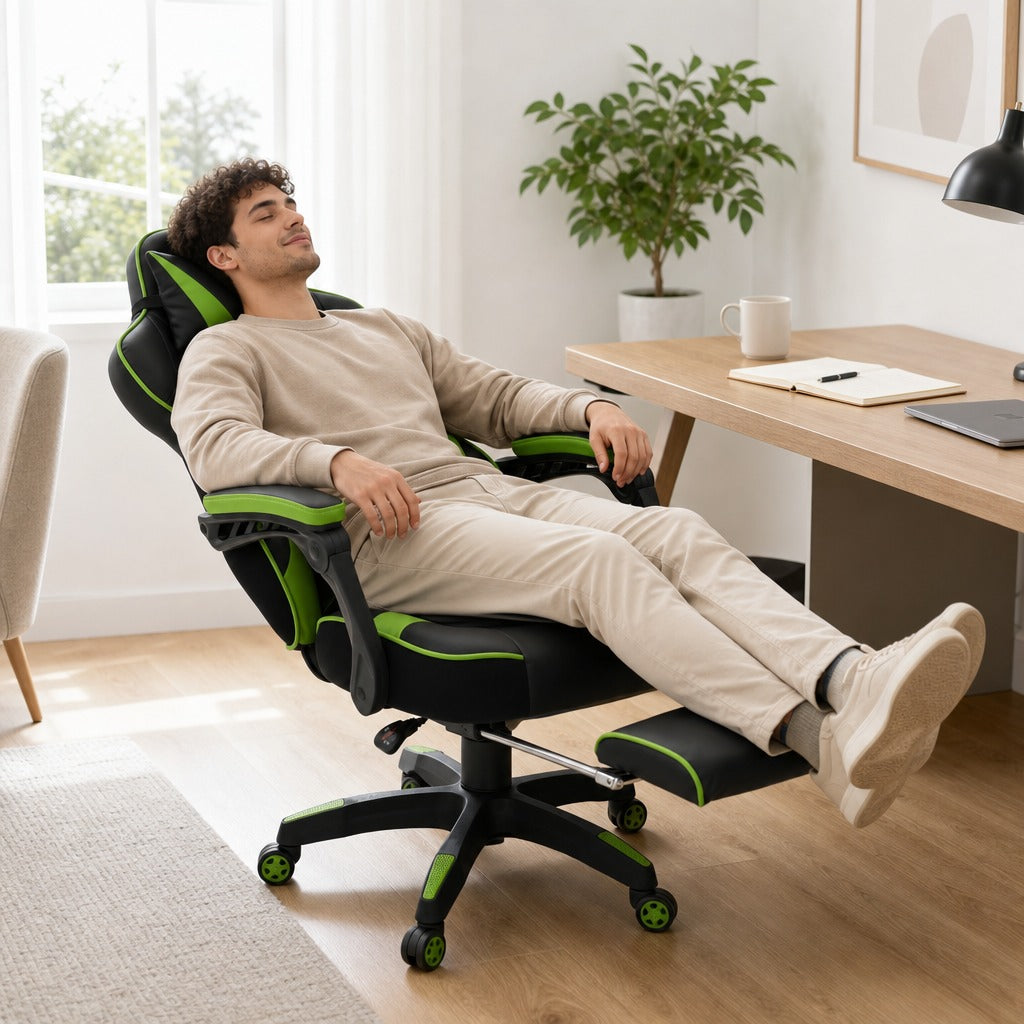 Cadeira de escritorio gaming ergonômica Altura ajustável Reclinável Encosto com apoio para pés Encosto de cabeça Almofada lombar Rodas 65x70x118,5-126,5 cm Verde e Preto — Em utilização | In use