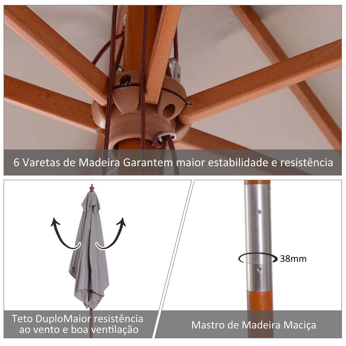 Chapéu de Sol de Jardim 200x150x235cm Chapéu de Sol Retangular Inclinável com Polia Duplo Teto e Mastro Desmontável de Madeira para Terraço Pátio Cinza — foto 5