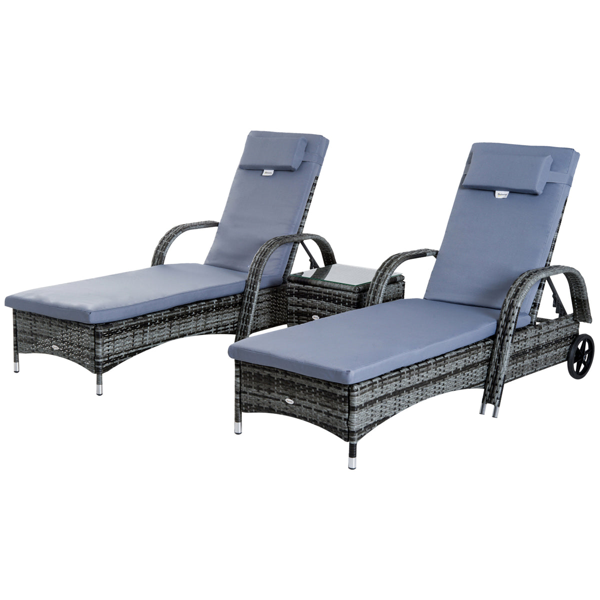 Espreguiçadeiras x2 com Mesa de Vime Chaise Longue para Jardim Pátio Cadeira de exterior com Almofadas Acolchadas Cinza — foto 1