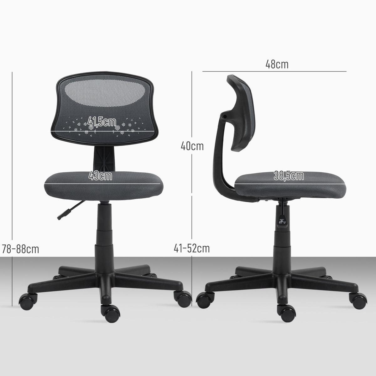 Cadeira de Escritório sem Apoio para os Braços Cadeira de Escritório Giratória com Encosto de Malha Respirável Altura Ajustável Carga 120 kg 43x48x78-88 cm Cinza — foto 3
