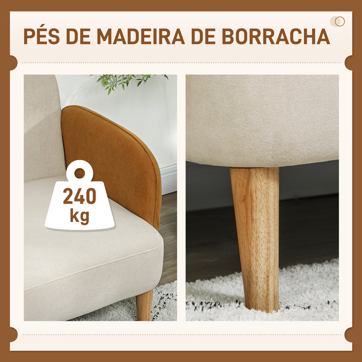 Sofá de 2 Lugares Estofado em Veludo Sofá de Sala de Estar com Apoio para os Braços e Pés de Madeira Sofá Pequeno Carga 240 kg para Dormitório Escritório 130x74x76 cm Bege e Ocre — foto 6