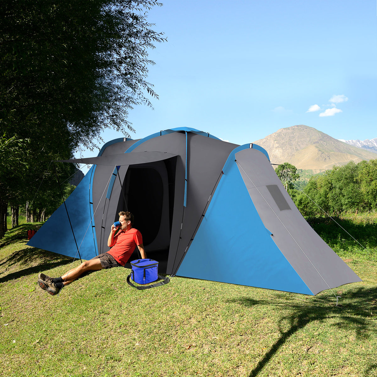 Tenda de Campismo Familiar para 4-6 Pessoas com 2 Dormitórios Tenda de Campismo Grande Impermeável 3000 mm com Bolsa de Transporte 555x225x190 cm Cinza e Azul — foto 2