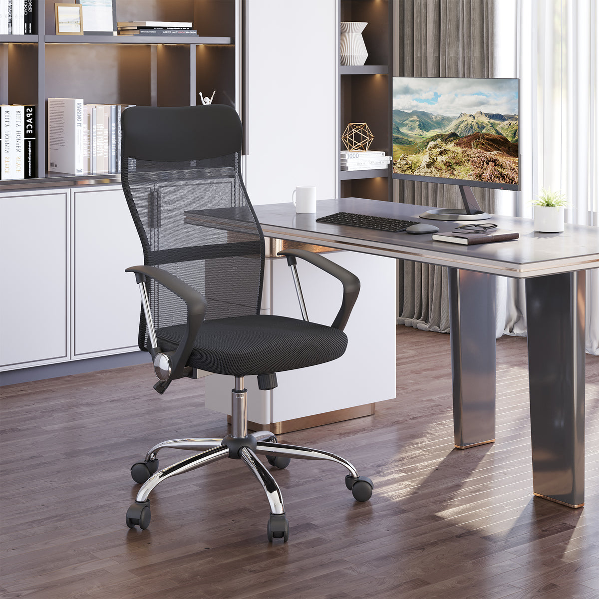 Cadeira de Escritório Cadeira de Secretária de Tecido de Malha Encosto para a Cabeça de PU Mecanismo de Inclinação de Encosto Alto Carga de 120 kg Preto — foto 2