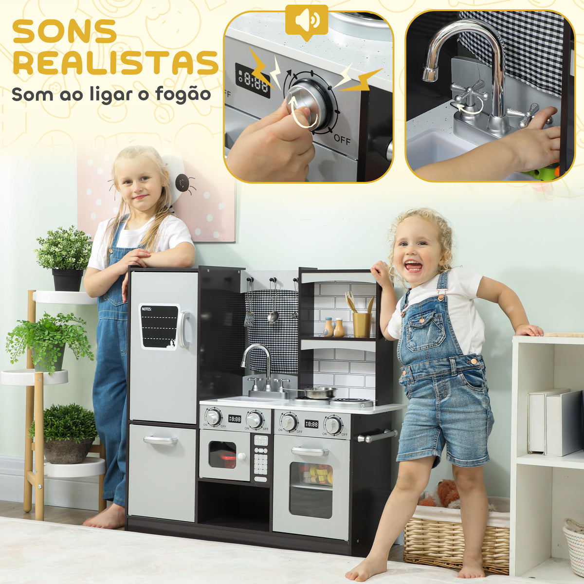 Cozinha de Madeira com Som Cozinha de Brincar Infantil com Acessórios em Aço Inoxidável Frigorífico Micro-Ondas, Lava-Loiça Brinquedos para Crianças a partir dos 3 Anos 81x27x79,7 cm Castanho Escuro — foto 4