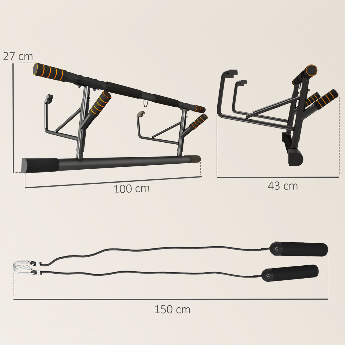 Barra de Elevação Multifuncional Barra de Elevação de Parede com Bandas Elásticas de Resistência Carga 150 kg para Exercício e Treino em Casa Ginásio 100x50x27 cm Preto e Laranja — foto 3