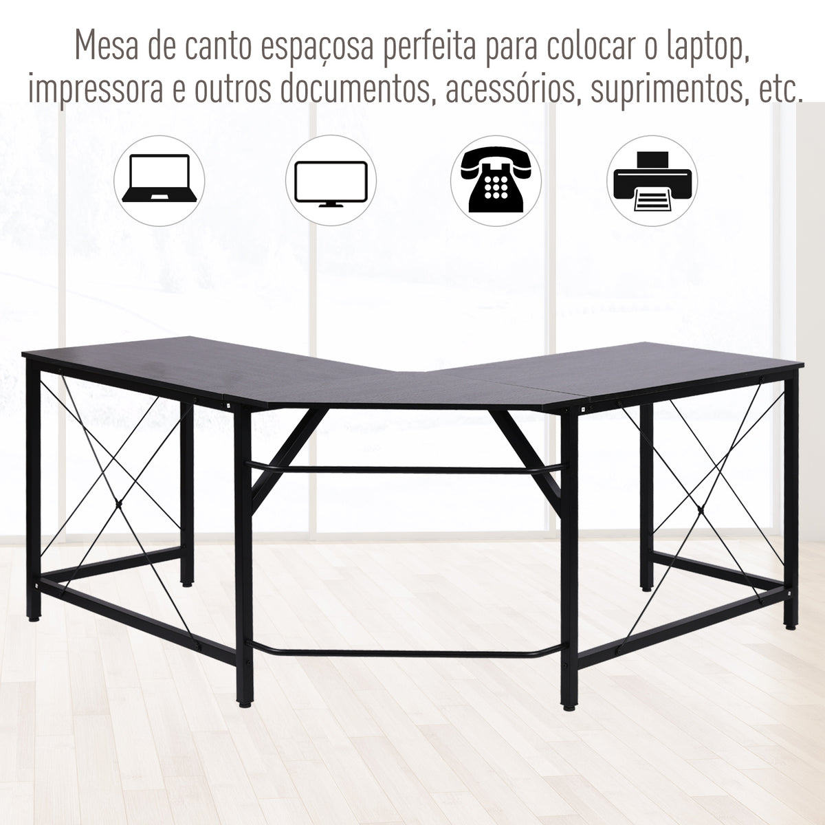 Secretária em Forma de L Secretária para Escritório com Estrutura de Metal Carga 70 kg Secretária de Canto para Escritório Estúdio 150x150x76 cm Preto — foto 4