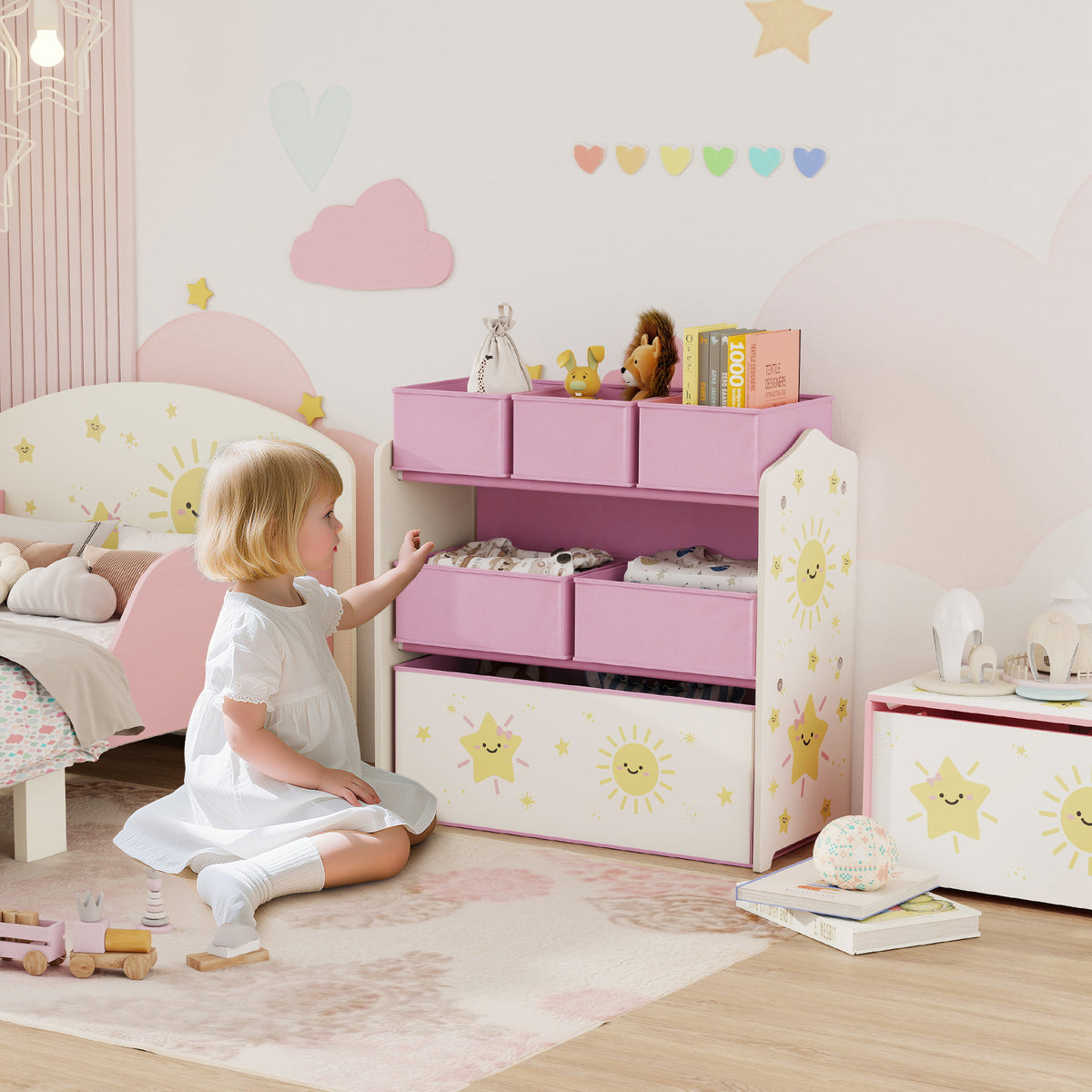 Estante Infantil para Brinquedos com 6 Caixas em Tecido Não Tecido Organizador de Brinquedos de 3 Níveis para Quarto Infantil Sala de Jogos Escola Infantil 63x30x66 cm Rosa — foto 2