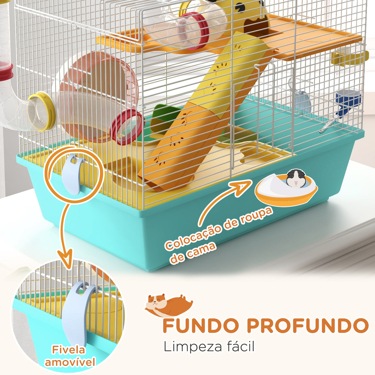 Gaiola para Hamsters Gaiola para Animais Pequenos com Túnel Plataformas Comedouro Bebedouro Casinha Rampas e Roda de Exercício 45x28x37 cm Azul Claro — foto 6
