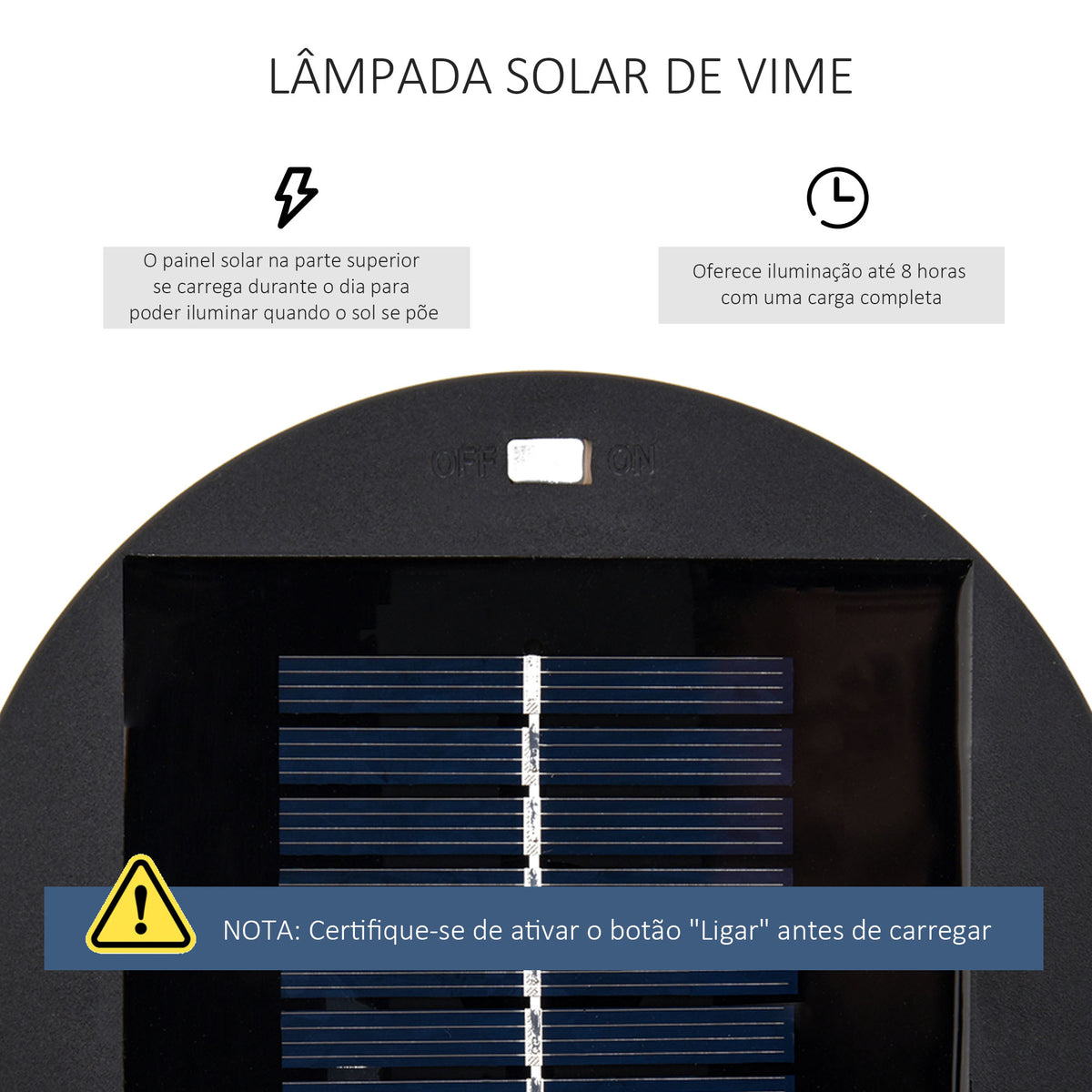 Candeeiro Solar de Vime de Energia Solar com LED 1,5 W Interruptor de Controle Automático de Luz Decoração Exterior Ø21,5x61cm Preto — foto 4