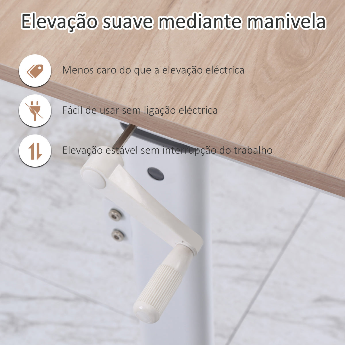 Secretária de Pé com Altura Ajustável a Manivela e Bancada de Carbono Secretária Elevatória para Escritório Estúdio Sala de Estar Carga Máxima 150kg 120x60x72-117cm Madeira e Branco — foto 5