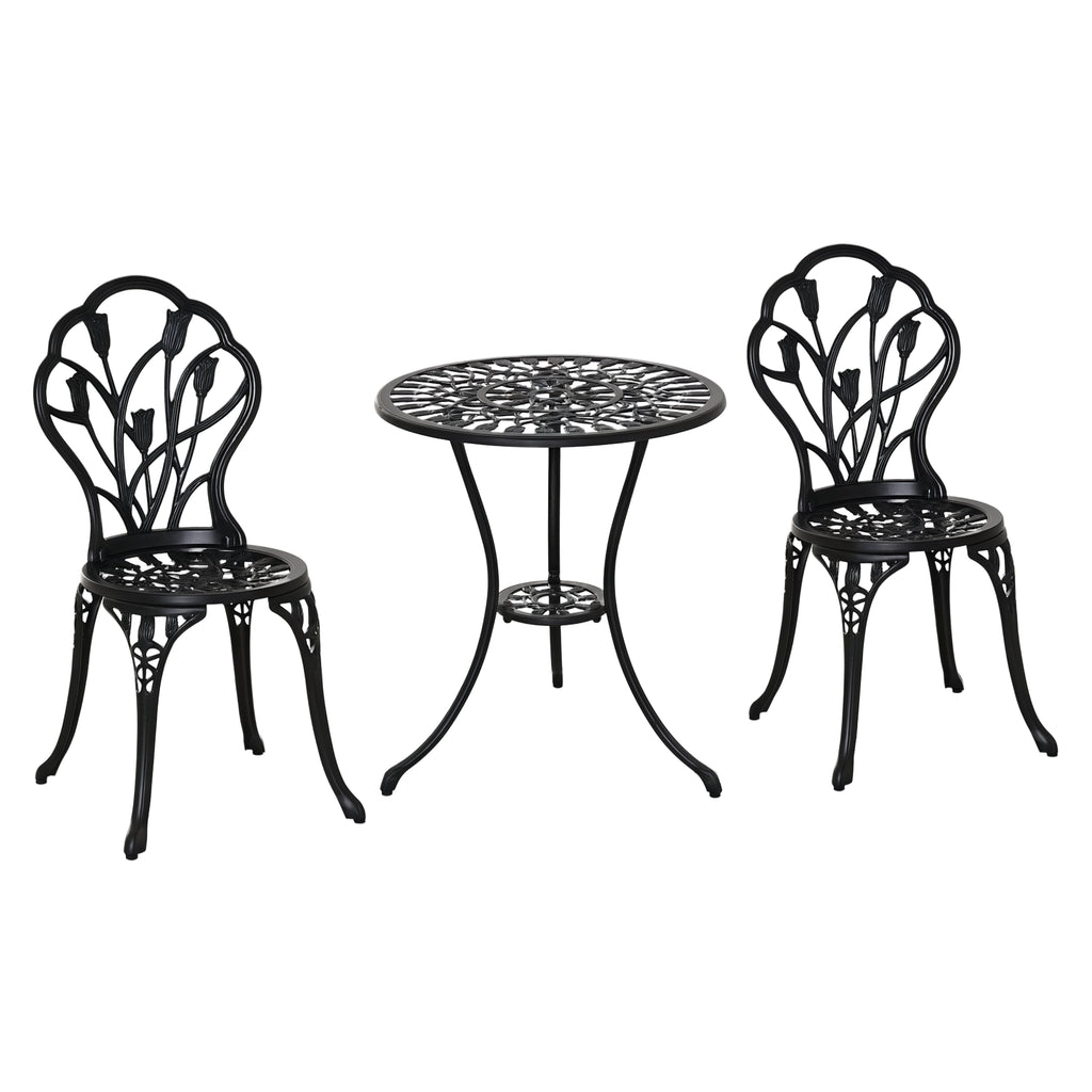 Conjunto de Mesa e Cadeiras de Exterior de 3 Peças Móveis de Jardim de Alumínio com Encosto com Padrão de Tulipa e Mesa com Orifício para Chapéu de Sol Preto — foto 1