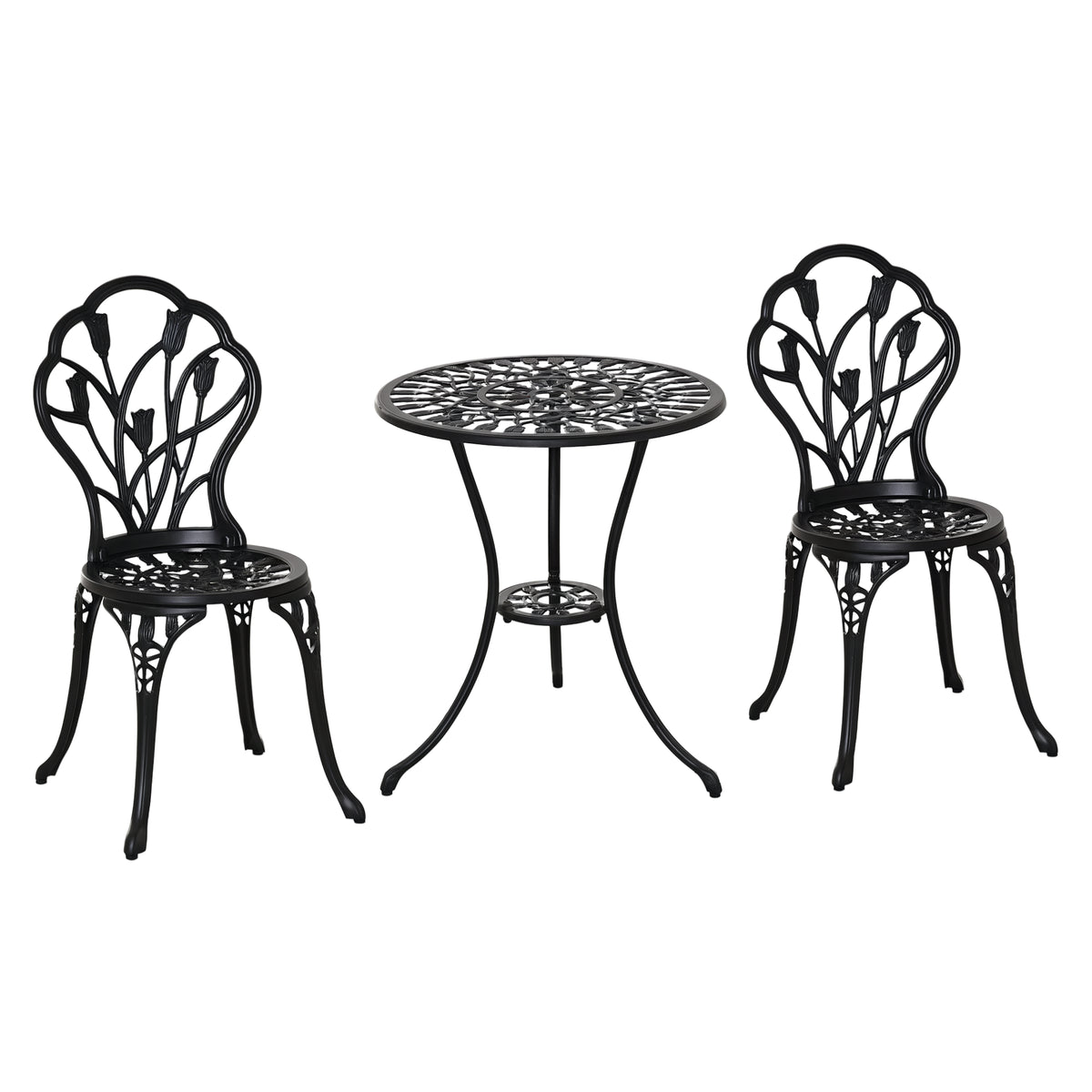 Conjunto de Mesa e Cadeiras de Exterior de 3 Peças Móveis de Jardim de Alumínio com Encosto com Padrão de Tulipa e Mesa com Orifício para Chapéu de Sol Preto — foto 1
