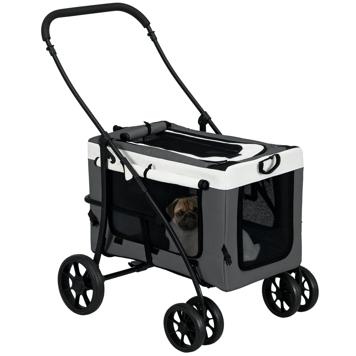 Carrinho para Animais de Estimação Carrinho para Cães Dobrável com Compartimento Desmontável 4 Portas com Fecho de Correr 2 Correias de Segurança e de Transporte 81x58x97,5 cm Cinza — foto 1