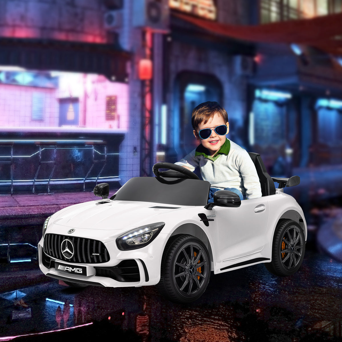 Carro Elétrico para Crianças acima de 3 Anos Carro Mercedes-Benz AMG GTR Carro Elétrico Infantil com Bateria 12V Controlo Remoto Faróis Buzina e Música 108x67x46 cm Branco — foto 2