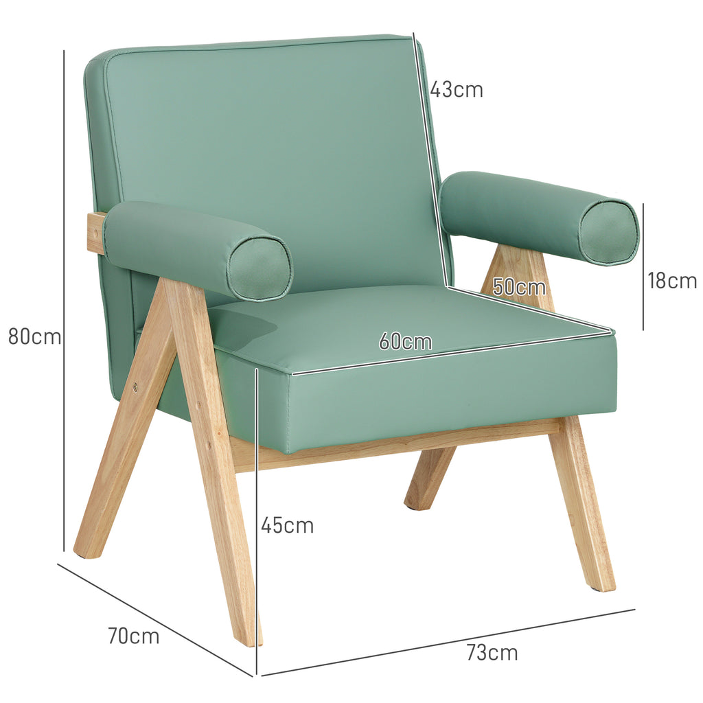 Poltrona Sala de Estar Poltrona Nórdica Poltrona Estofada em PU com Apoio para os Braços e Estrutura de Madeira de Borracha para Dormitório Carga 120 kg 73x70x80 cm Verde — foto 3
