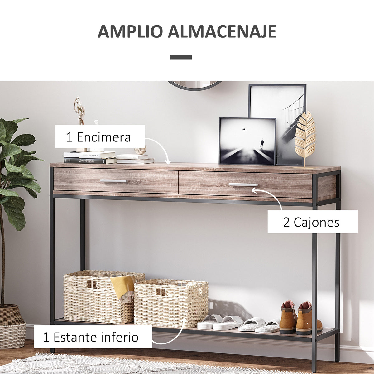 Mesa Tipo Consola Estreita Consola de Estilo Industrial com 2 Gavetas e Prateleira Inferior para Entrada Corredor Escritório 120x30x81,5cm Carvalho e Preto — foto 4