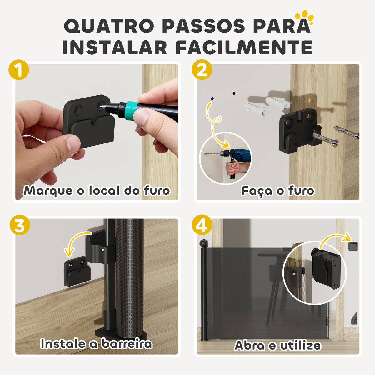 Barreira para Cães Retrátil 0-144 cm Barreira para Cães Pequenos Extensível Barreira de Segurança para Animais de Estimação com Fecho para Escadas Portas Corredores Preto — foto 5